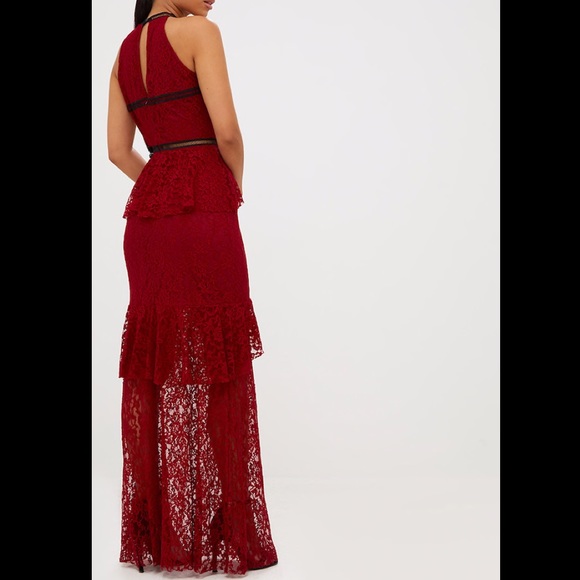 Burgundy Lace Ruffle Detail Plunge Long Dress - Picture 3 of 6